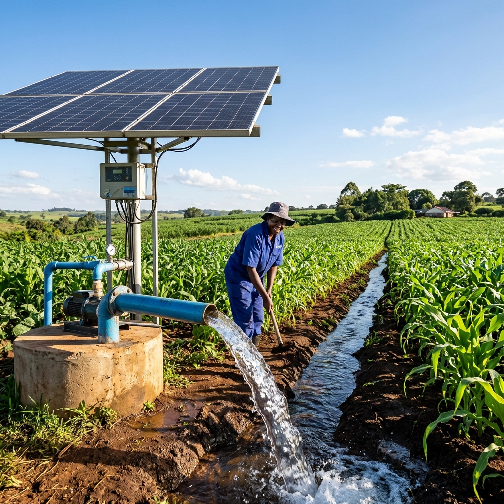 Instalación de paneles solares y bomba en el campo